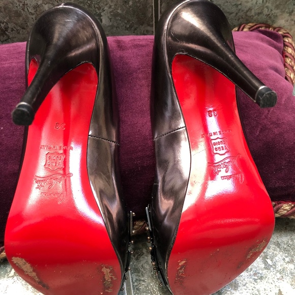 Louboutin Pewter Peep-Toe Studded Pumps - Picture 7 of 8